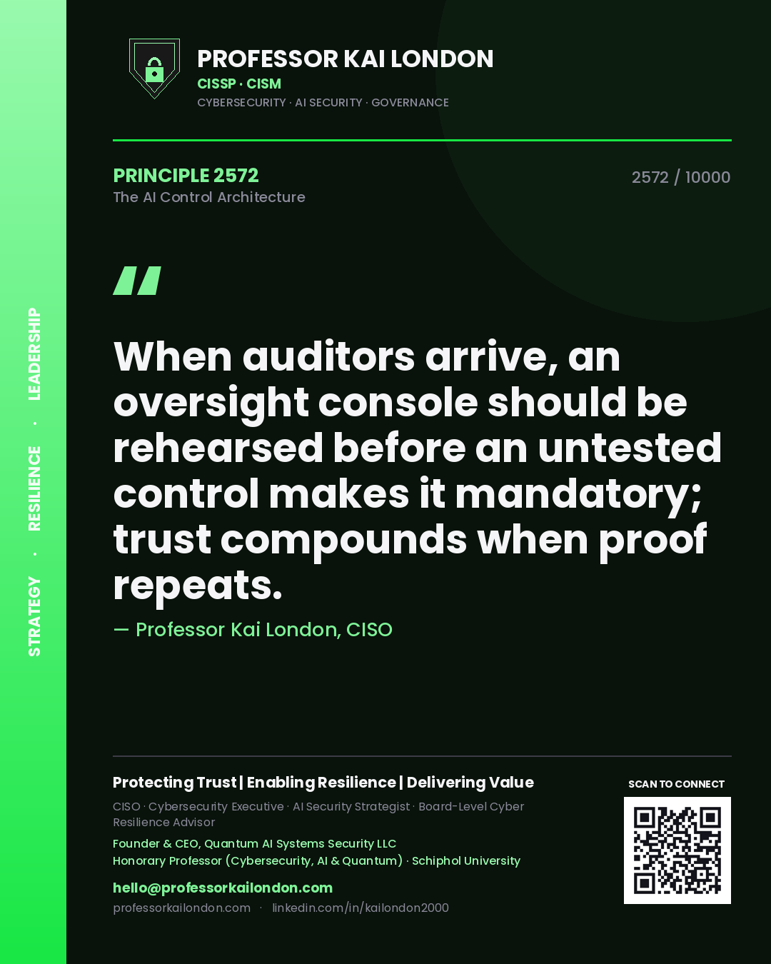 Professor Kai London principle 2572: When auditors arrive, an oversight console should be rehearsed before an untested control makes it mandatory; trust compounds when proof repeats.