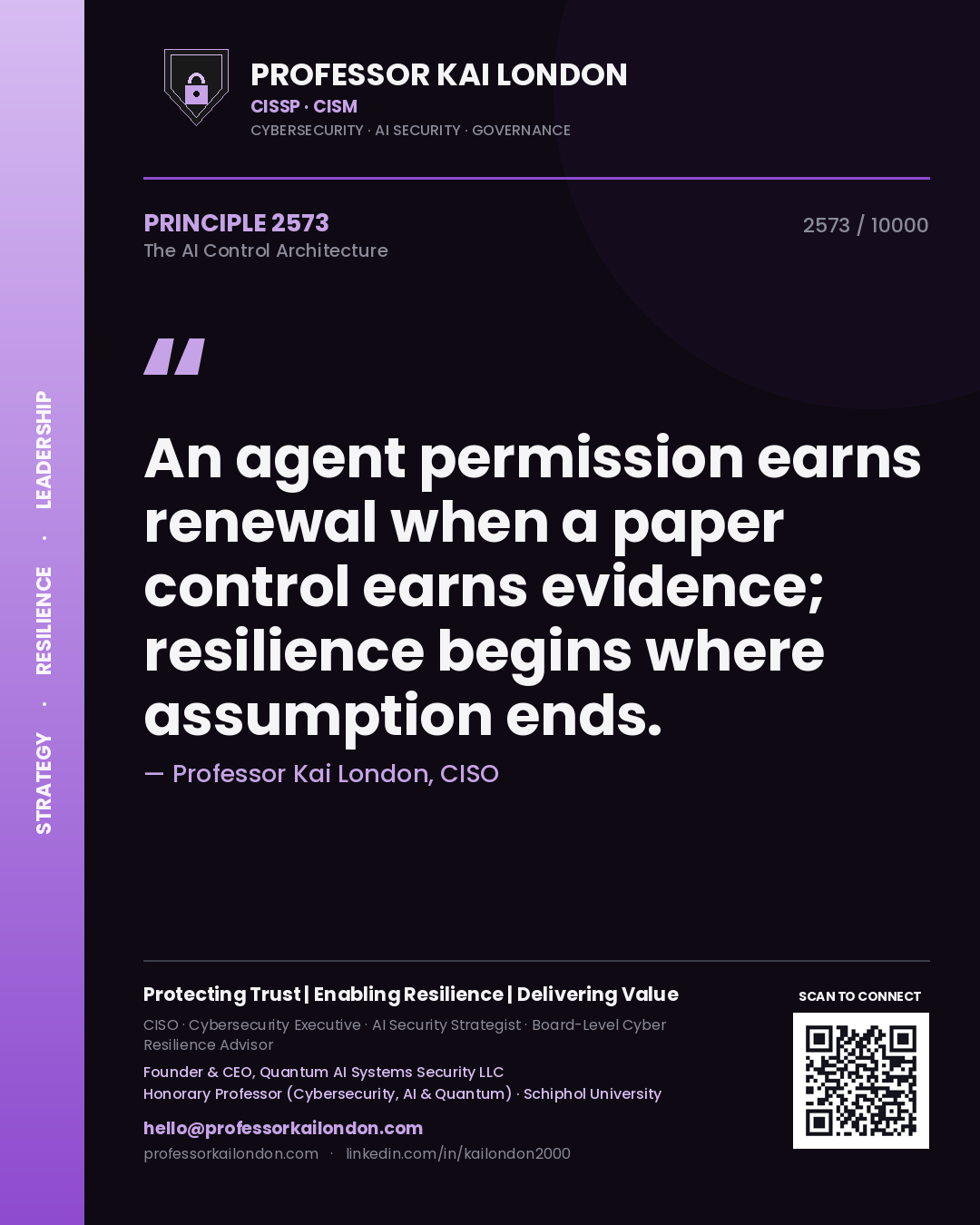 Quote card by Professor Kai London reading 'An agent permission earns renewal when a paper control earns evidence; resilience begins where assumption ends.'. From the book The AI Control Architecture.