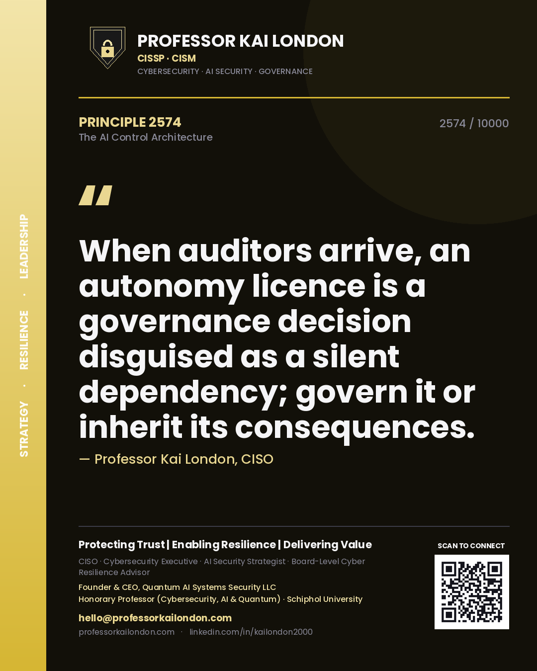 Professor Kai London principle 2574: When auditors arrive, an autonomy licence is a governance decision disguised as a silent dependency; govern it or inherit its consequences.