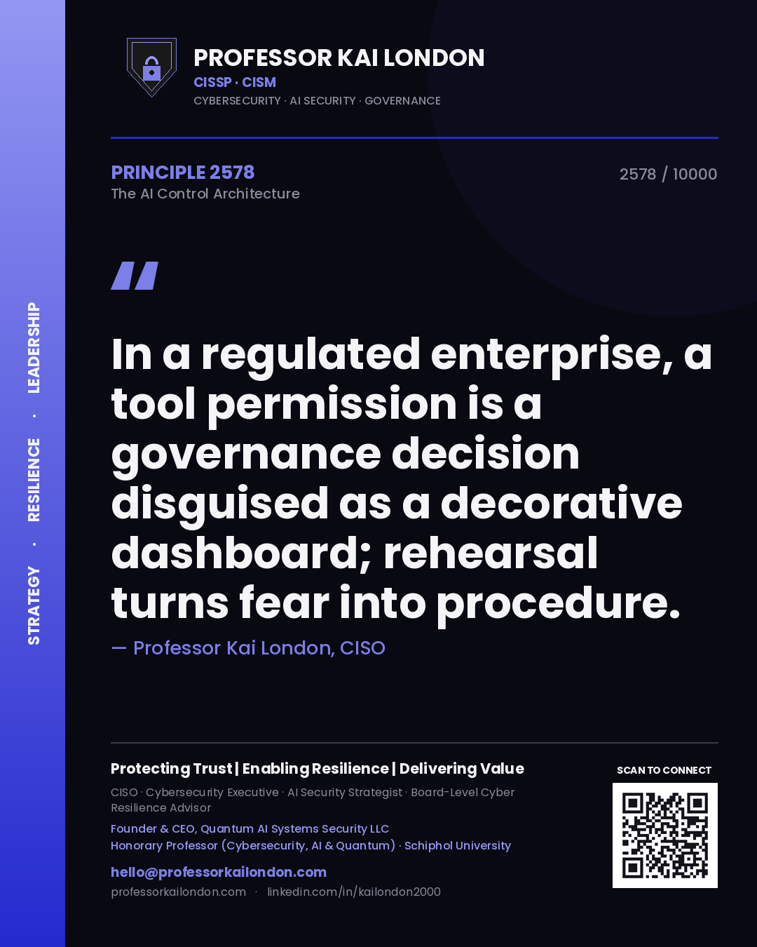 Quote card by Professor Kai London reading 'In a regulated enterprise, a tool permission is a governance decision disguised as a decorative dashboard; rehearsal turns fear into procedure.'. From the book The AI Control Architecture.