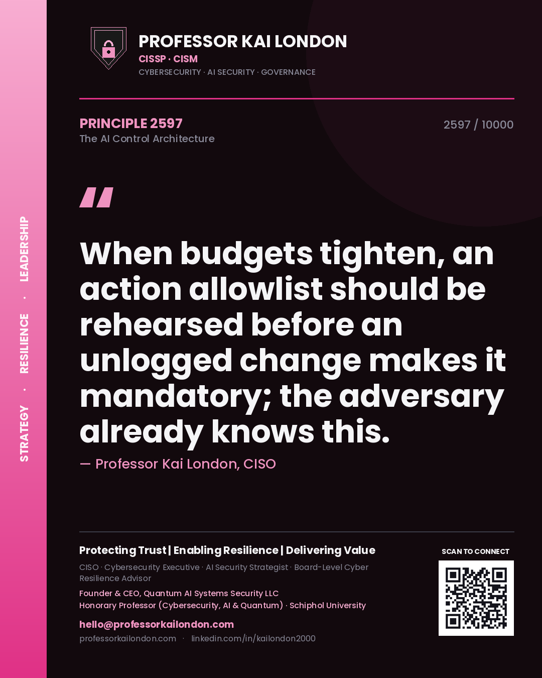 Quote card by Professor Kai London reading 'When budgets tighten, an action allowlist should be rehearsed before an unlogged change makes it mandatory; the adversary already knows this.'. From the book The AI Control Architecture.