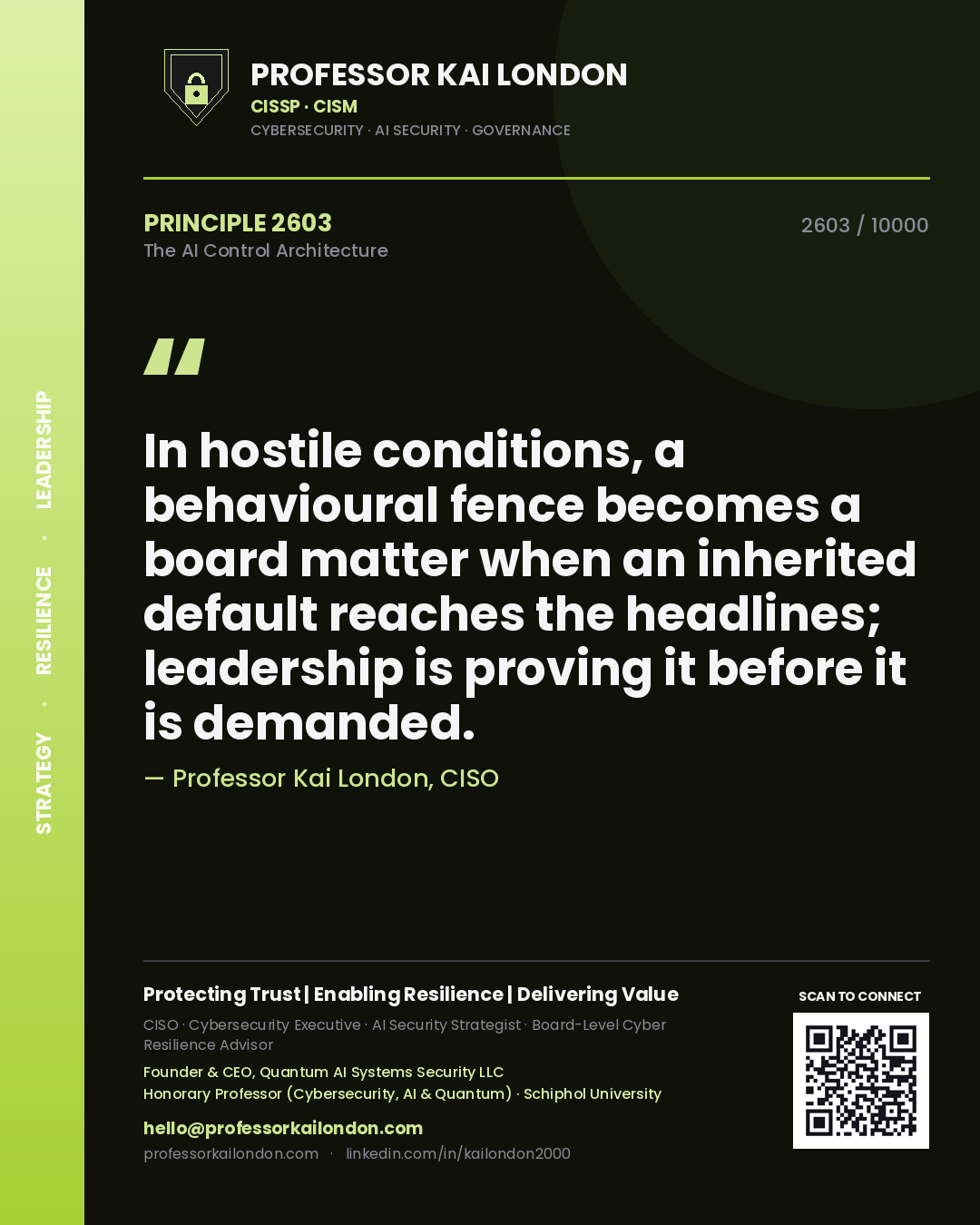 Quote card by Professor Kai London reading 'In hostile conditions, a behavioural fence becomes a board matter when an inherited default reaches the headlines; leadership is proving it before it is demanded.'. From the book The AI Control Architecture.