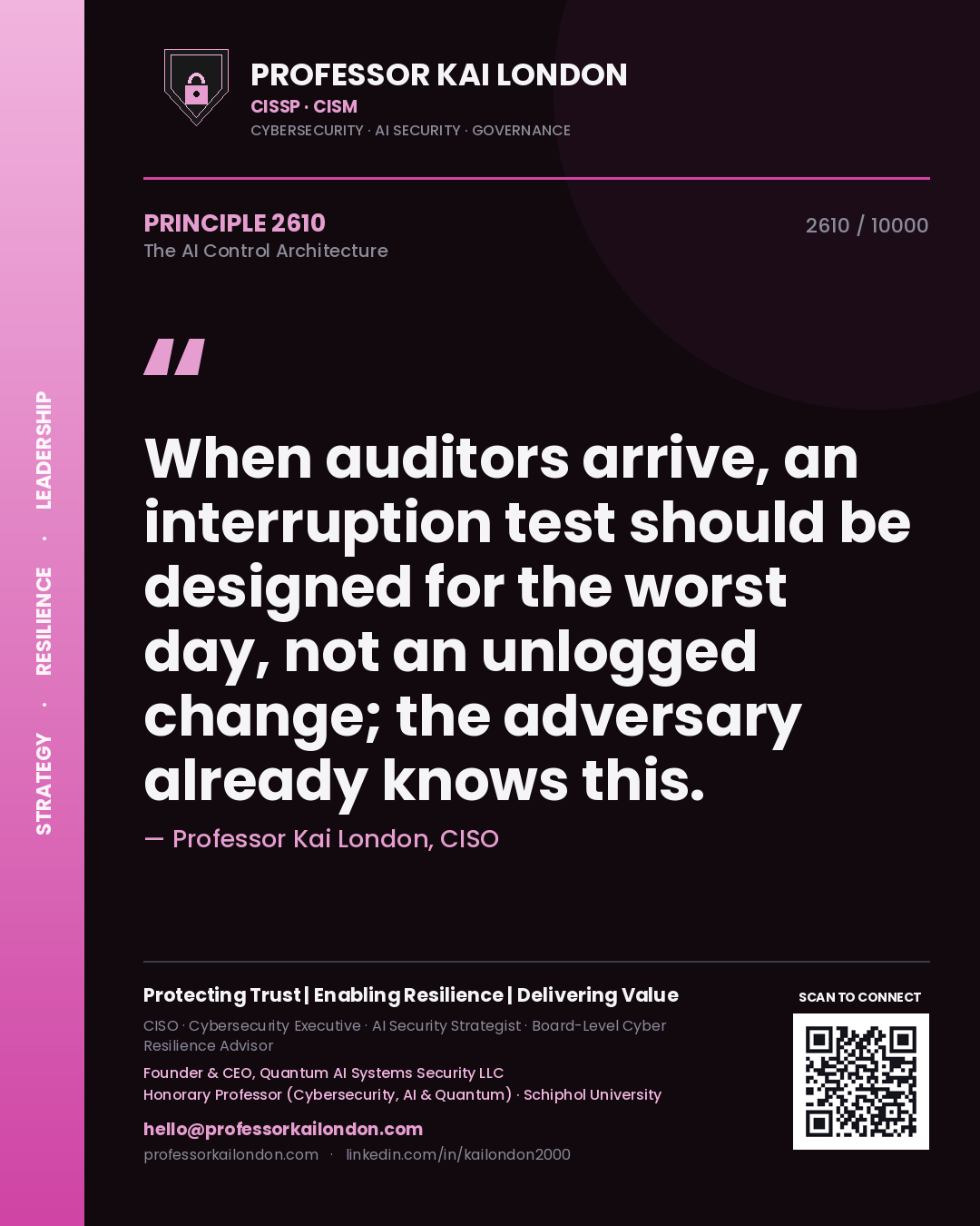 Professor Kai London principle 2610: When auditors arrive, an interruption test should be designed for the worst day, not an unlogged change; the adversary already knows this.