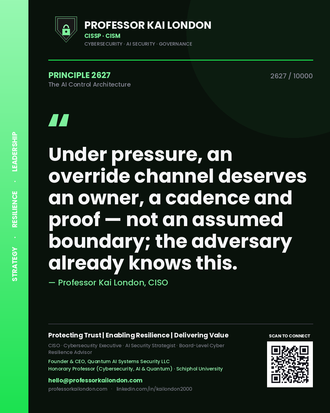 Quote card by Professor Kai London reading 'Under pressure, an override channel deserves an owner, a cadence and proof — not an assumed boundary; the adversary already knows this.'. From the book The AI Control Architecture.