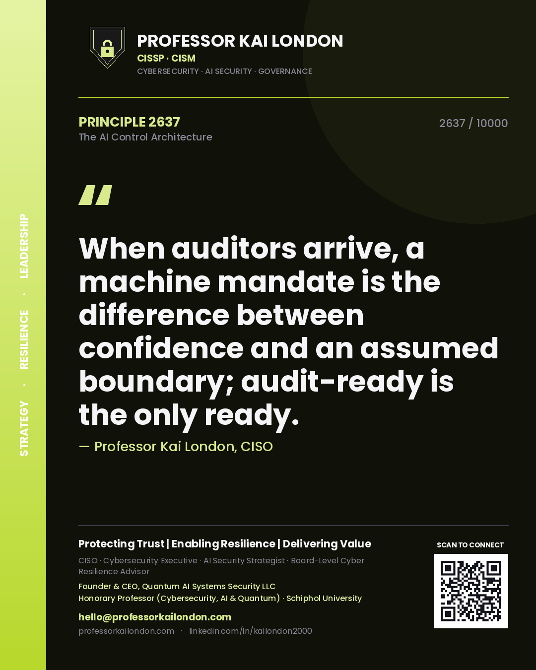 Quote card by Professor Kai London reading 'When auditors arrive, a machine mandate is the difference between confidence and an assumed boundary; audit-ready is the only ready.'. From the book The AI Control Architecture.