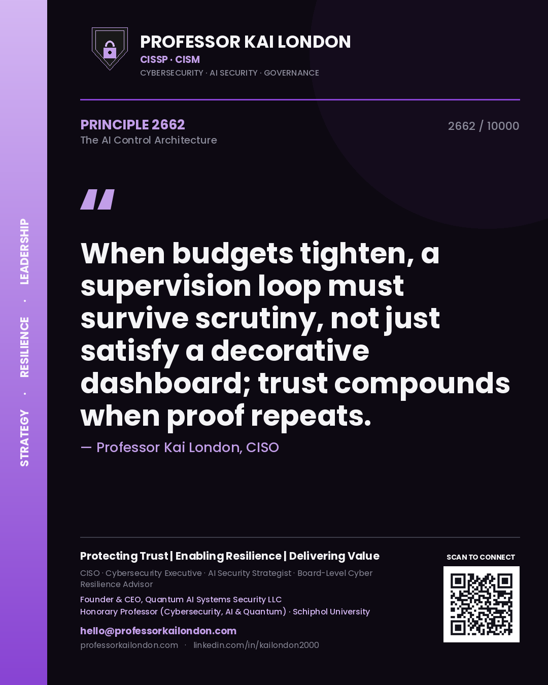 Quote card by Professor Kai London reading 'When budgets tighten, a supervision loop must survive scrutiny, not just satisfy a decorative dashboard; trust compounds when proof repeats.'. From the book The AI Control Architecture.