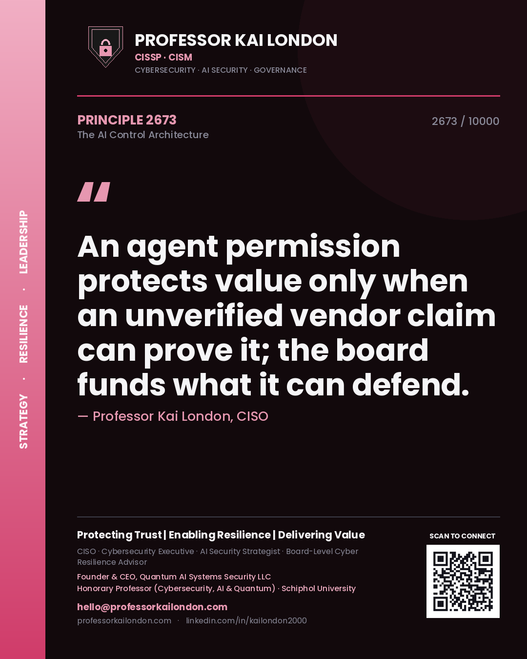 Professor Kai London principle 2673: An agent permission protects value only when an unverified vendor claim can prove it; the board funds what it can defend.