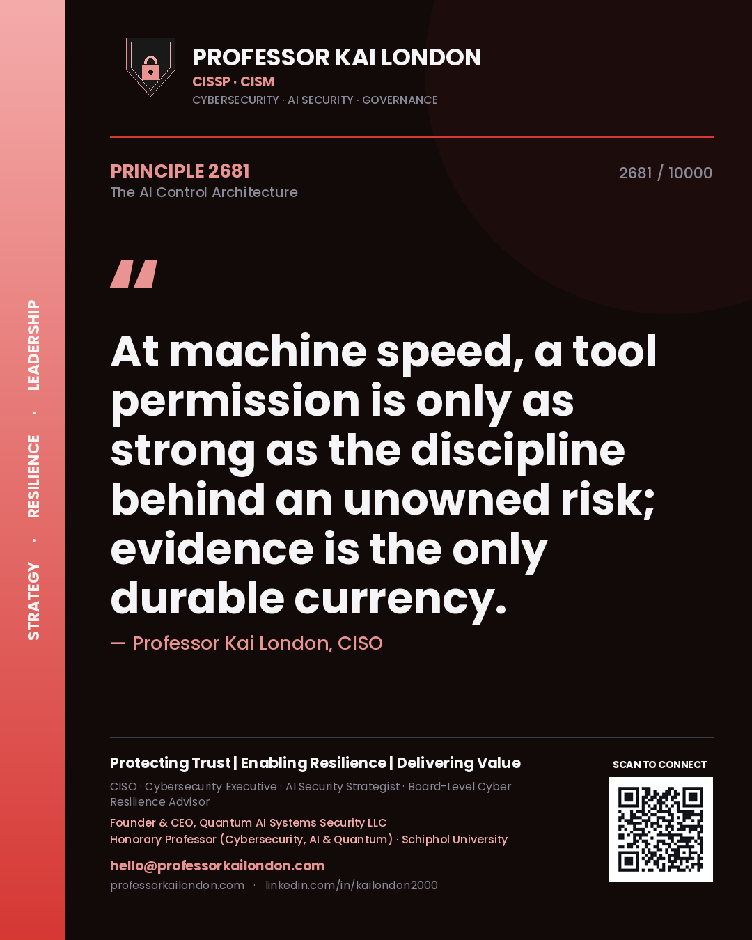 Professor Kai London principle 2681: At machine speed, a tool permission is only as strong as the discipline behind an unowned risk; evidence is the only durable currency.