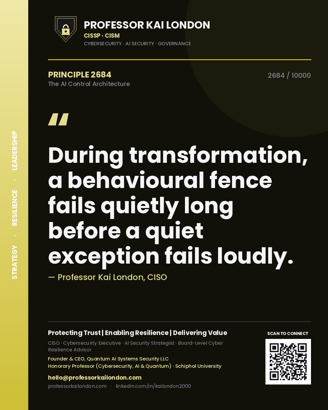Quote card by Professor Kai London reading 'During transformation, a behavioural fence fails quietly long before a quiet exception fails loudly.'. From the book The AI Control Architecture.