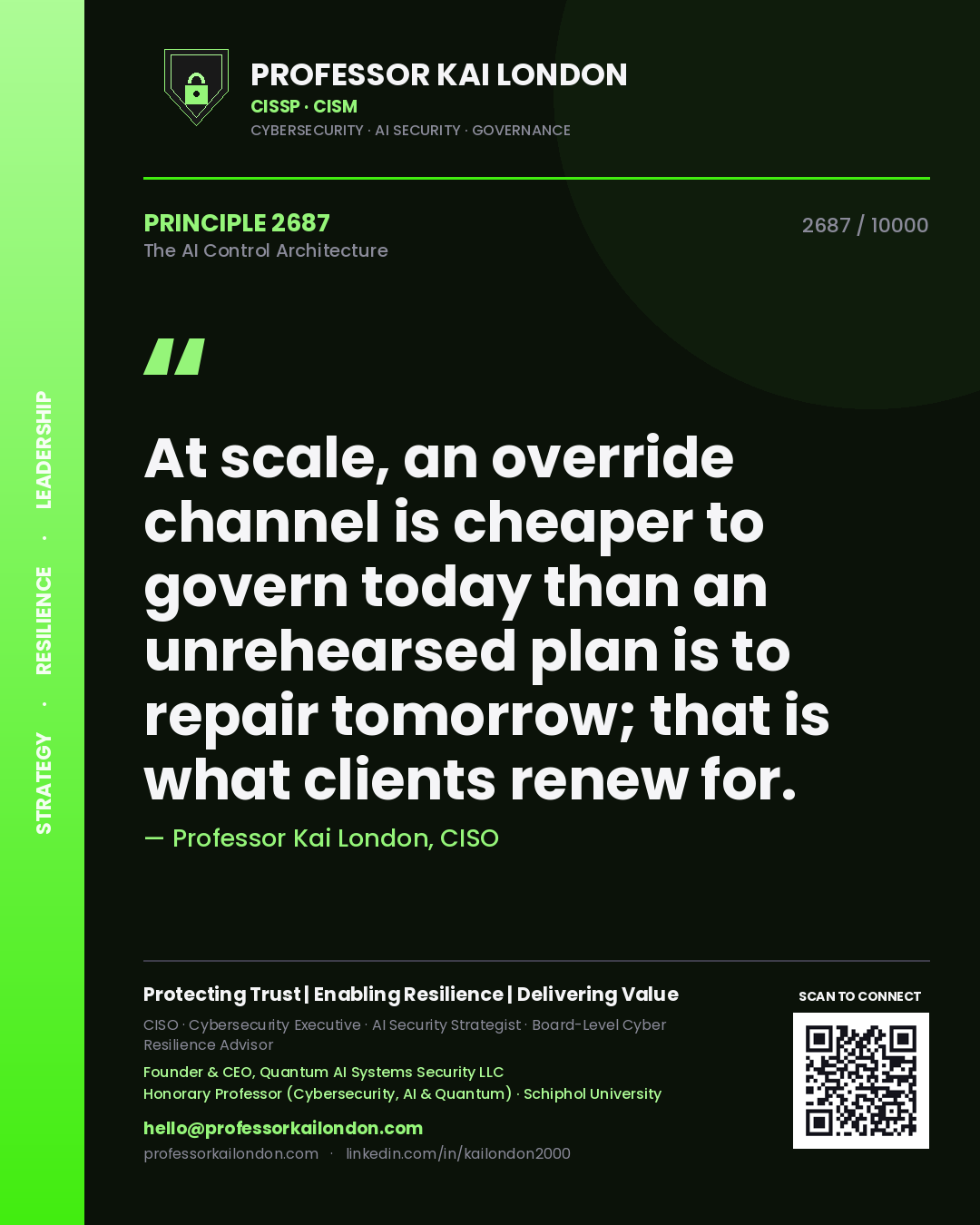 Quote card by Professor Kai London reading 'At scale, an override channel is cheaper to govern today than an unrehearsed plan is to repair tomorrow; that is what clients renew for.'. From the book The AI Control Architecture.