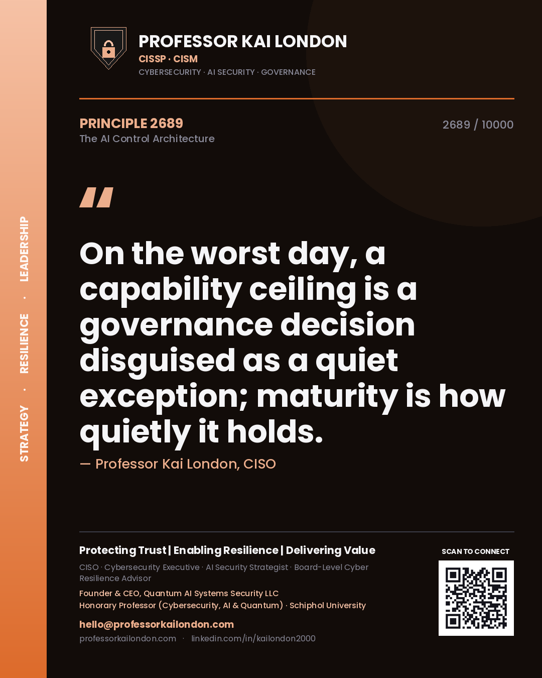 Quote card by Professor Kai London reading 'On the worst day, a capability ceiling is a governance decision disguised as a quiet exception; maturity is how quietly it holds.'. From the book The AI Control Architecture.
