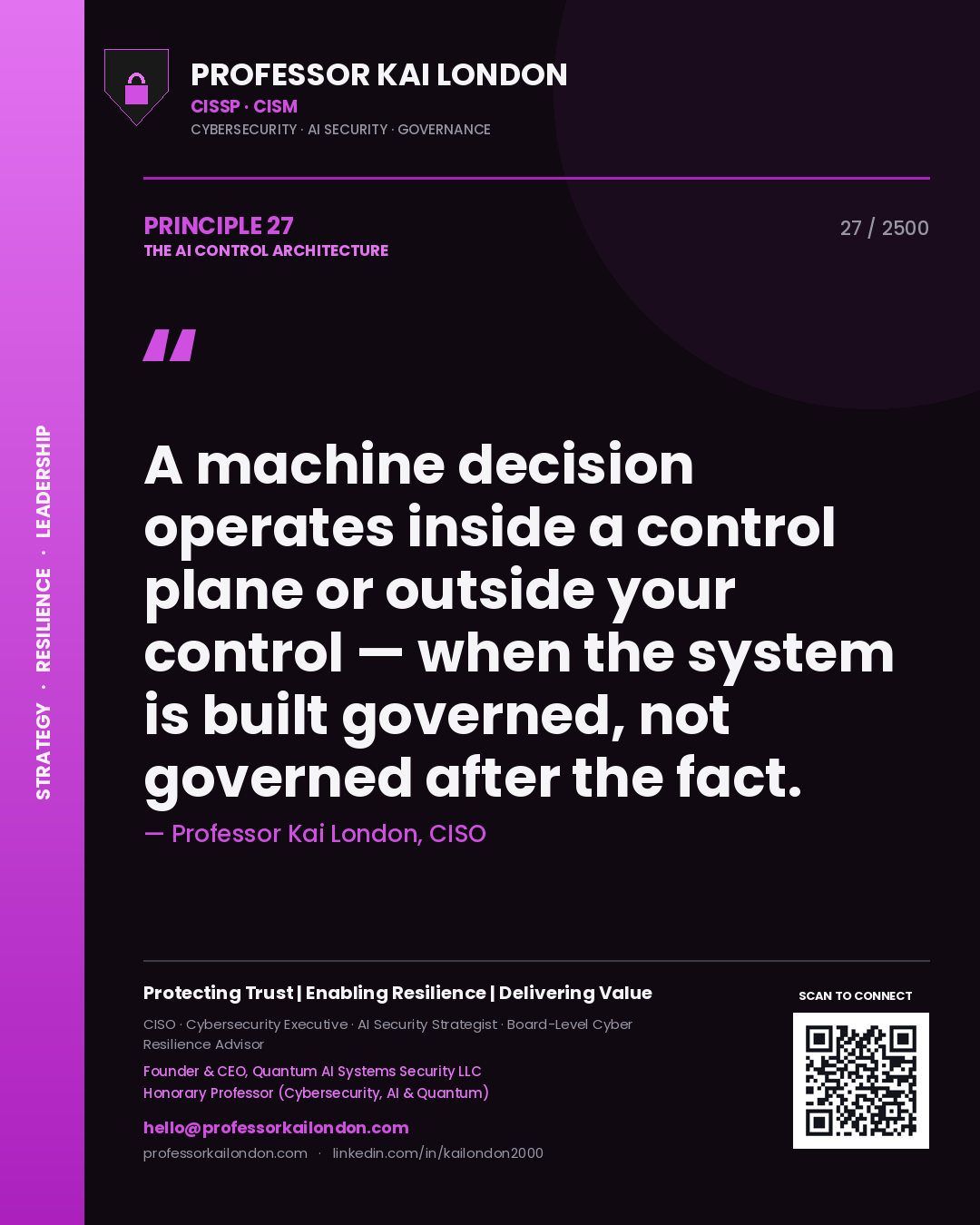 Professor Kai London principle 27: A machine decision operates inside a control plane or outside your control — when the system is built governed, not governed after the fact.