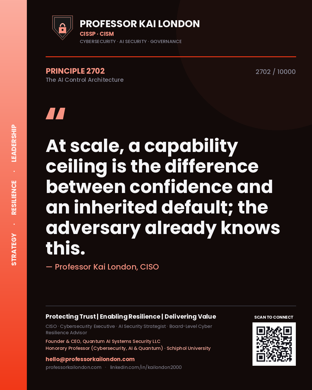 Quote card by Professor Kai London reading 'At scale, a capability ceiling is the difference between confidence and an inherited default; the adversary already knows this.'. From the book The AI Control Architecture.