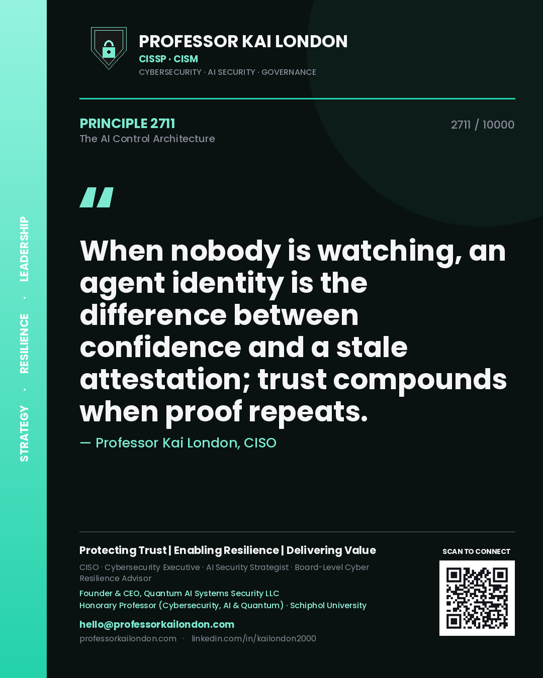 Professor Kai London principle 2711: When nobody is watching, an agent identity is the difference between confidence and a stale attestation; trust compounds when proof repeats.