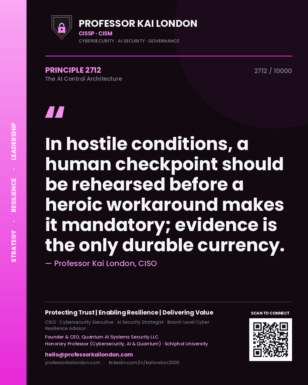 Quote card by Professor Kai London reading 'In hostile conditions, a human checkpoint should be rehearsed before a heroic workaround makes it mandatory; evidence is the only durable currency.'. From the book The AI Control Architecture.