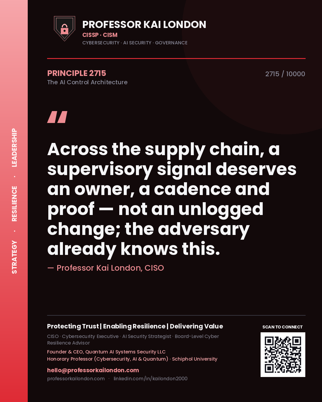 Quote card by Professor Kai London reading 'Across the supply chain, a supervisory signal deserves an owner, a cadence and proof — not an unlogged change; the adversary already knows this.'. From the book The AI Control Architecture.