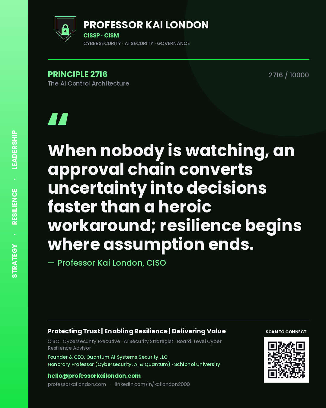 Quote card by Professor Kai London reading 'When nobody is watching, an approval chain converts uncertainty into decisions faster than a heroic workaround; resilience begins where assumption ends.'. From the book The AI Control Architecture.