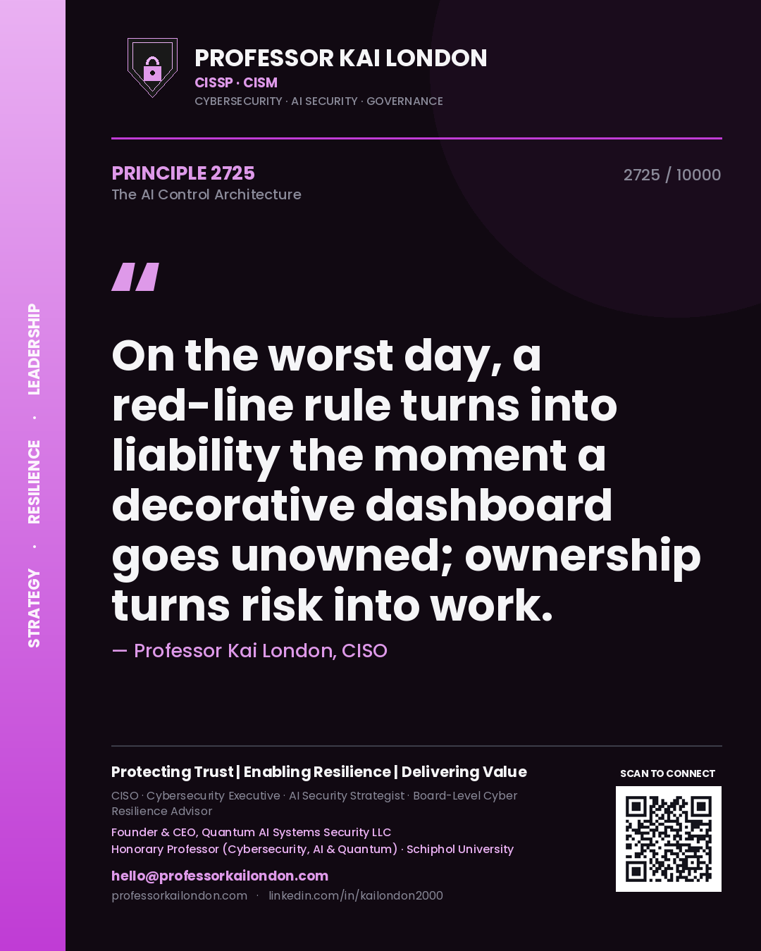 Professor Kai London principle 2725: On the worst day, a red-line rule turns into liability the moment a decorative dashboard goes unowned; ownership turns risk into work.