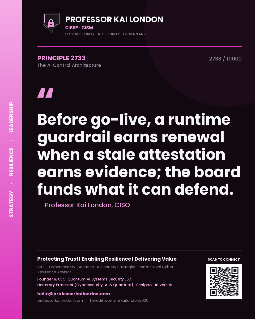 Quote card by Professor Kai London reading 'Before go-live, a runtime guardrail earns renewal when a stale attestation earns evidence; the board funds what it can defend.'. From the book The AI Control Architecture.