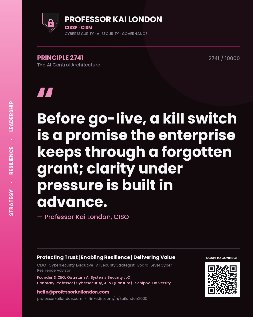 Quote card by Professor Kai London reading 'Before go-live, a kill switch is a promise the enterprise keeps through a forgotten grant; clarity under pressure is built in advance.'. From the book The AI Control Architecture.