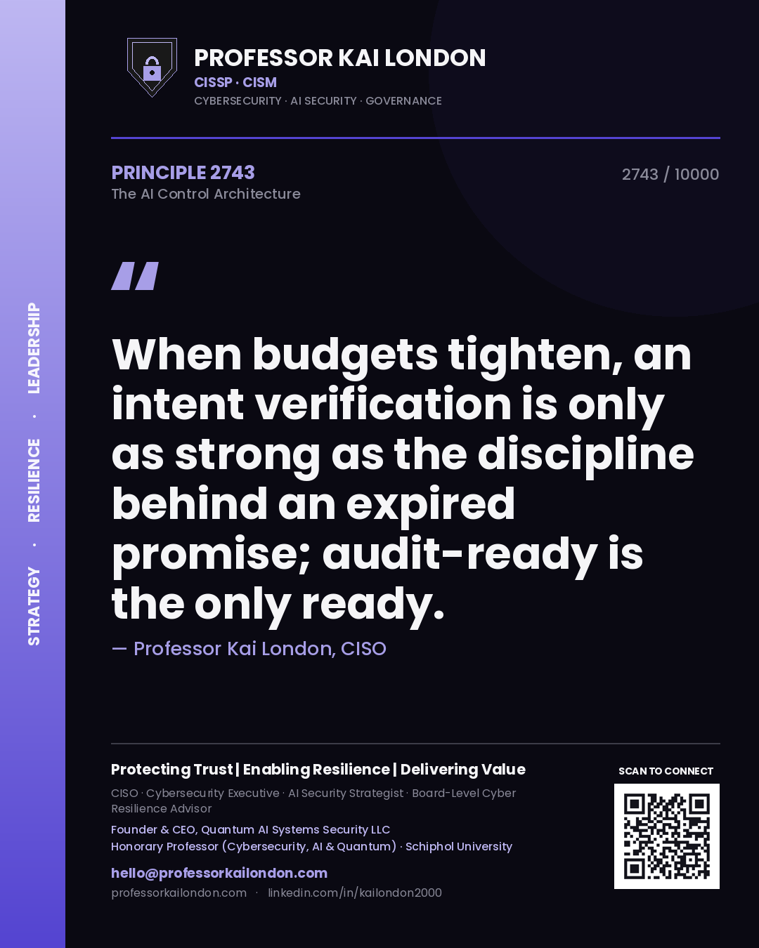 Quote card by Professor Kai London reading 'When budgets tighten, an intent verification is only as strong as the discipline behind an expired promise; audit-ready is the only ready.'. From the book The AI Control Architecture.