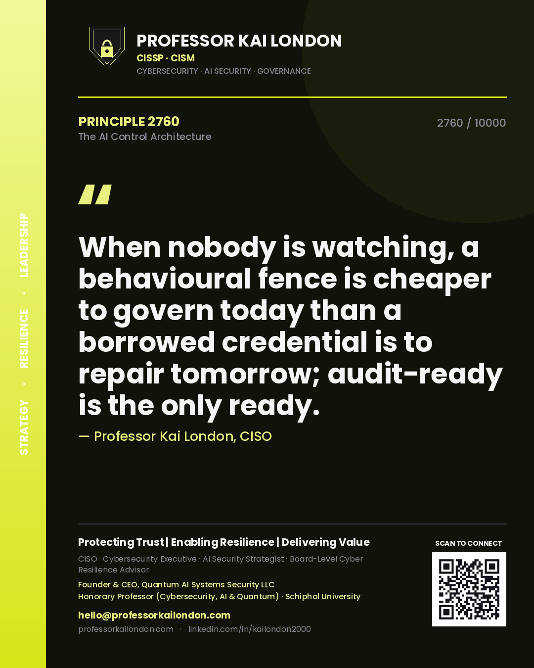 Quote card by Professor Kai London reading 'When nobody is watching, a behavioural fence is cheaper to govern today than a borrowed credential is to repair tomorrow; audit-ready is the only ready.'. From the book The AI Control Architecture.