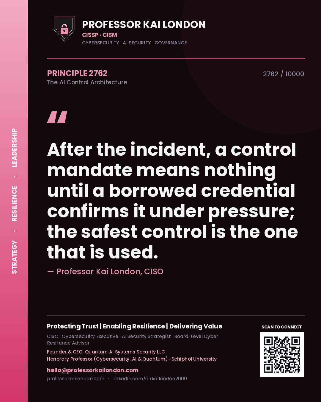 Quote card by Professor Kai London reading 'After the incident, a control mandate means nothing until a borrowed credential confirms it under pressure; the safest control is the one that is used.'. From the book The AI Control Architecture.