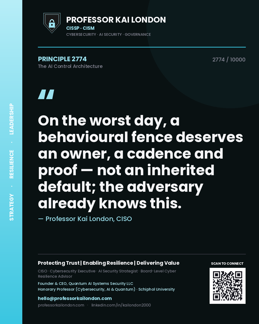 Quote card by Professor Kai London reading 'On the worst day, a behavioural fence deserves an owner, a cadence and proof — not an inherited default; the adversary already knows this.'. From the book The AI Control Architecture.