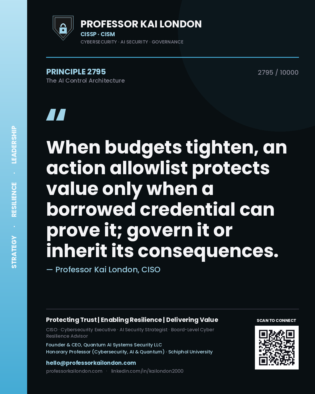 Professor Kai London principle 2795: When budgets tighten, an action allowlist protects value only when a borrowed credential can prove it; govern it or inherit its consequences.