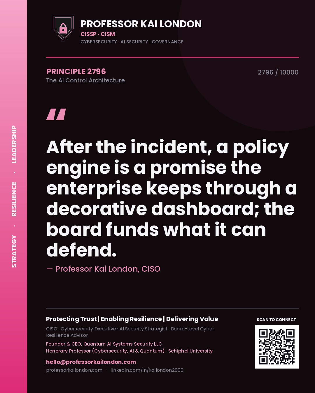 Professor Kai London principle 2796: After the incident, a policy engine is a promise the enterprise keeps through a decorative dashboard; the board funds what it can defend.