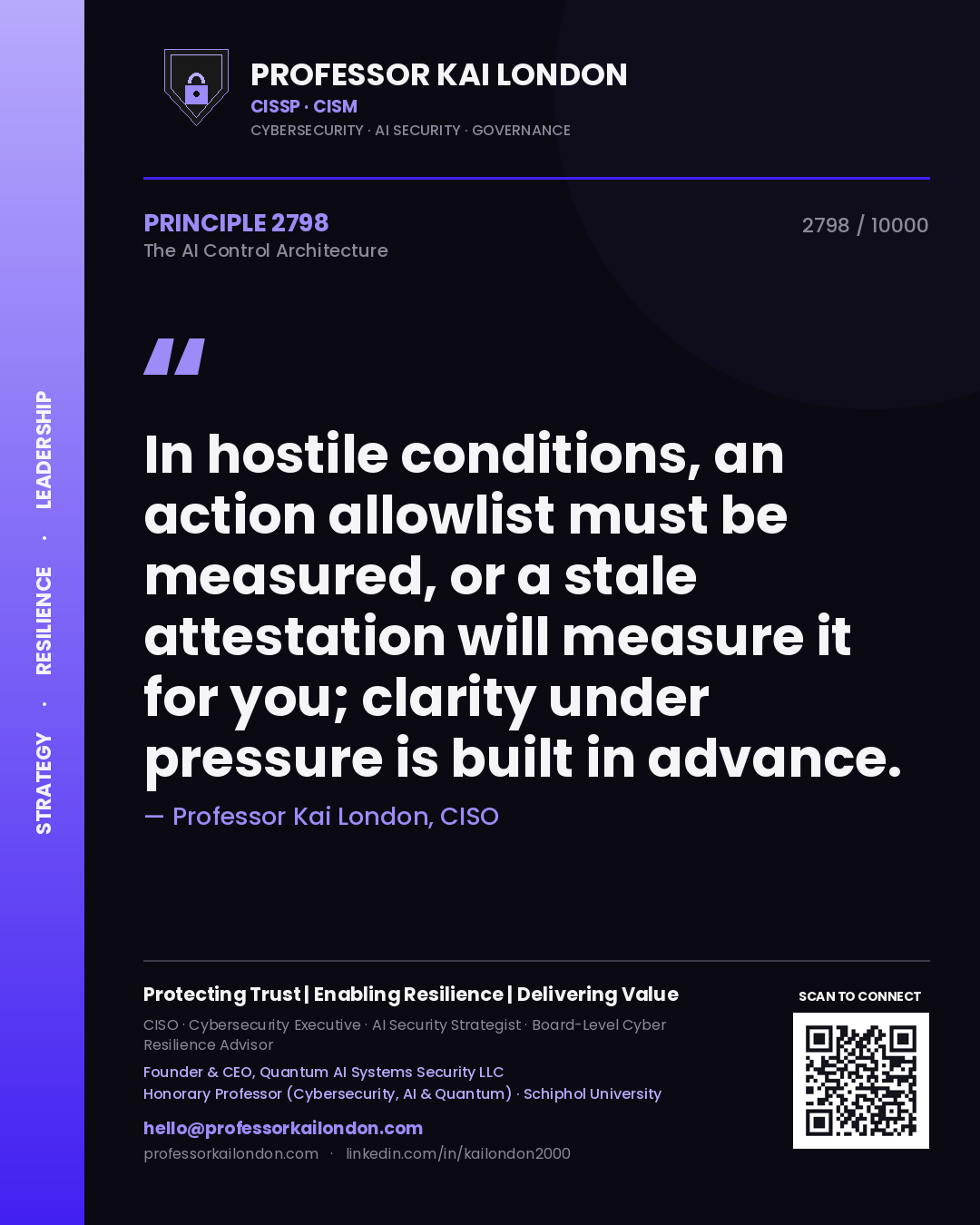 Professor Kai London principle 2798: In hostile conditions, an action allowlist must be measured, or a stale attestation will measure it for you; clarity under pressure is built in advance.