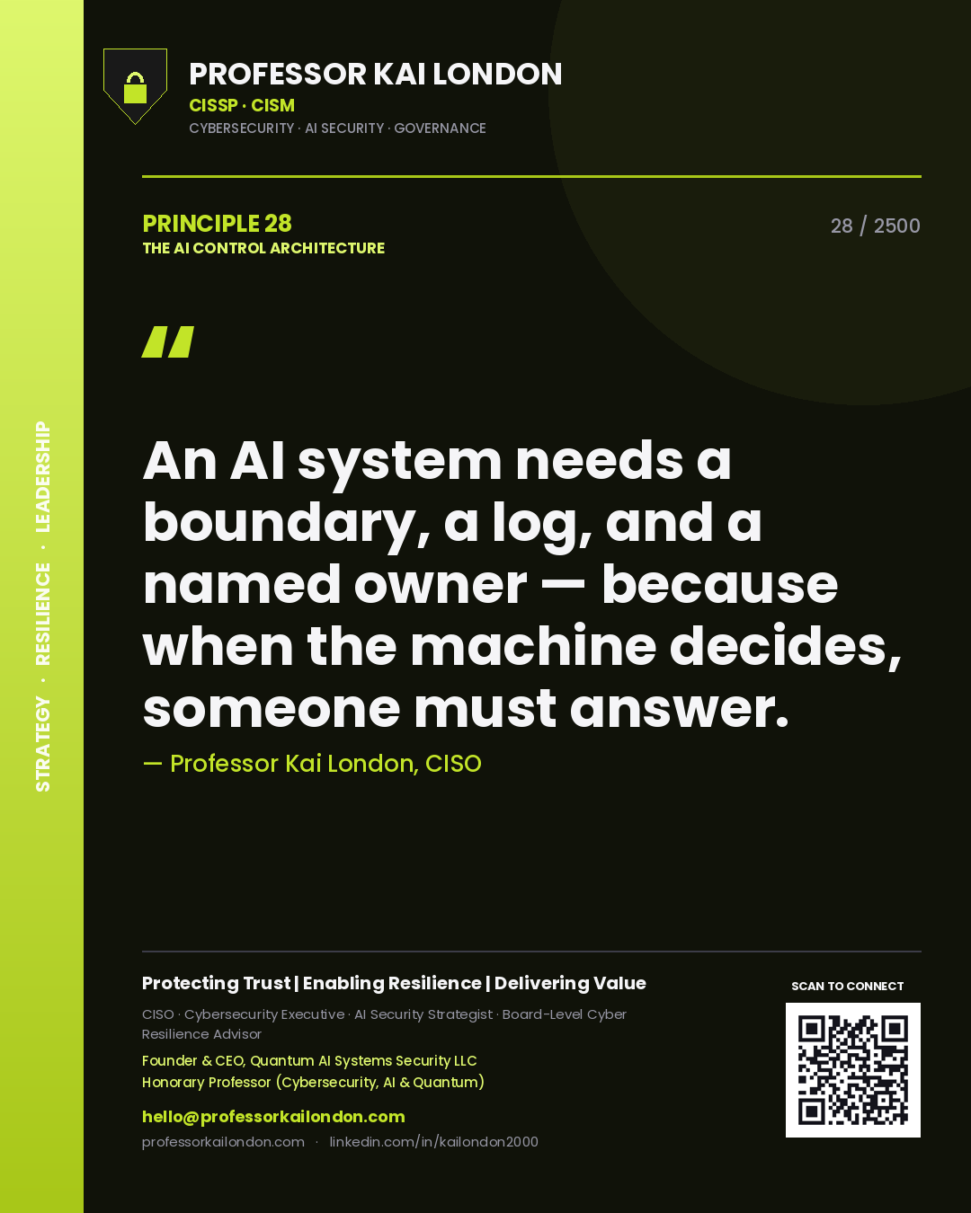 Quote card by Professor Kai London reading 'An AI system needs a boundary, a log, and a named owner — because when the machine decides, someone must answer.'. From the book The AI Control Architecture.