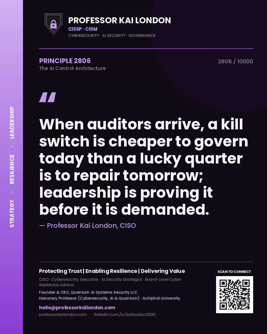 Quote card by Professor Kai London reading 'When auditors arrive, a kill switch is cheaper to govern today than a lucky quarter is to repair tomorrow; leadership is proving it before it is demanded.'. From the book The AI Control Architecture.