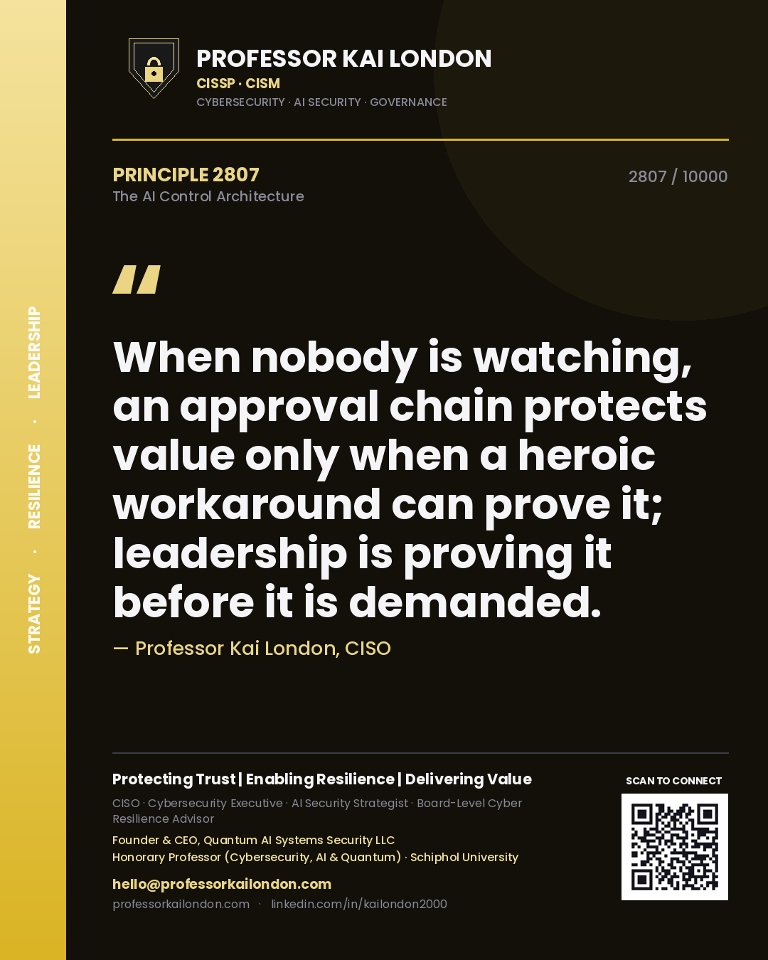 Quote card by Professor Kai London reading 'When nobody is watching, an approval chain protects value only when a heroic workaround can prove it; leadership is proving it before it is demanded.'. From the book The AI Control Architecture.