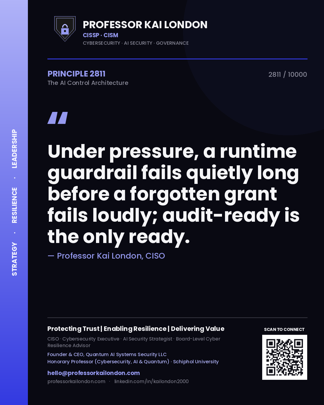Quote card by Professor Kai London reading 'Under pressure, a runtime guardrail fails quietly long before a forgotten grant fails loudly; audit-ready is the only ready.'. From the book The AI Control Architecture.