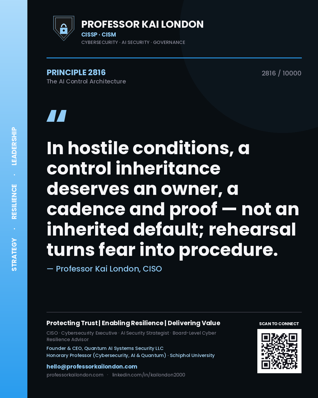 Quote card by Professor Kai London reading 'In hostile conditions, a control inheritance deserves an owner, a cadence and proof — not an inherited default; rehearsal turns fear into procedure.'. From the book The AI Control Architecture.