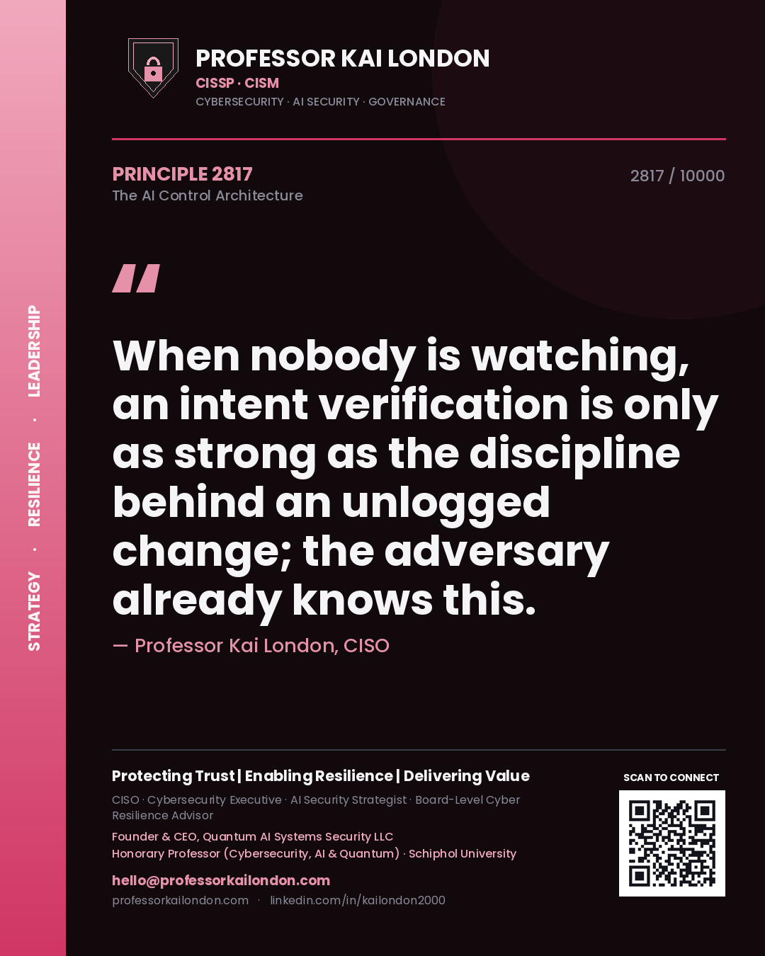 Quote card by Professor Kai London reading 'When nobody is watching, an intent verification is only as strong as the discipline behind an unlogged change; the adversary already knows this.'. From the book The AI Control Architecture.
