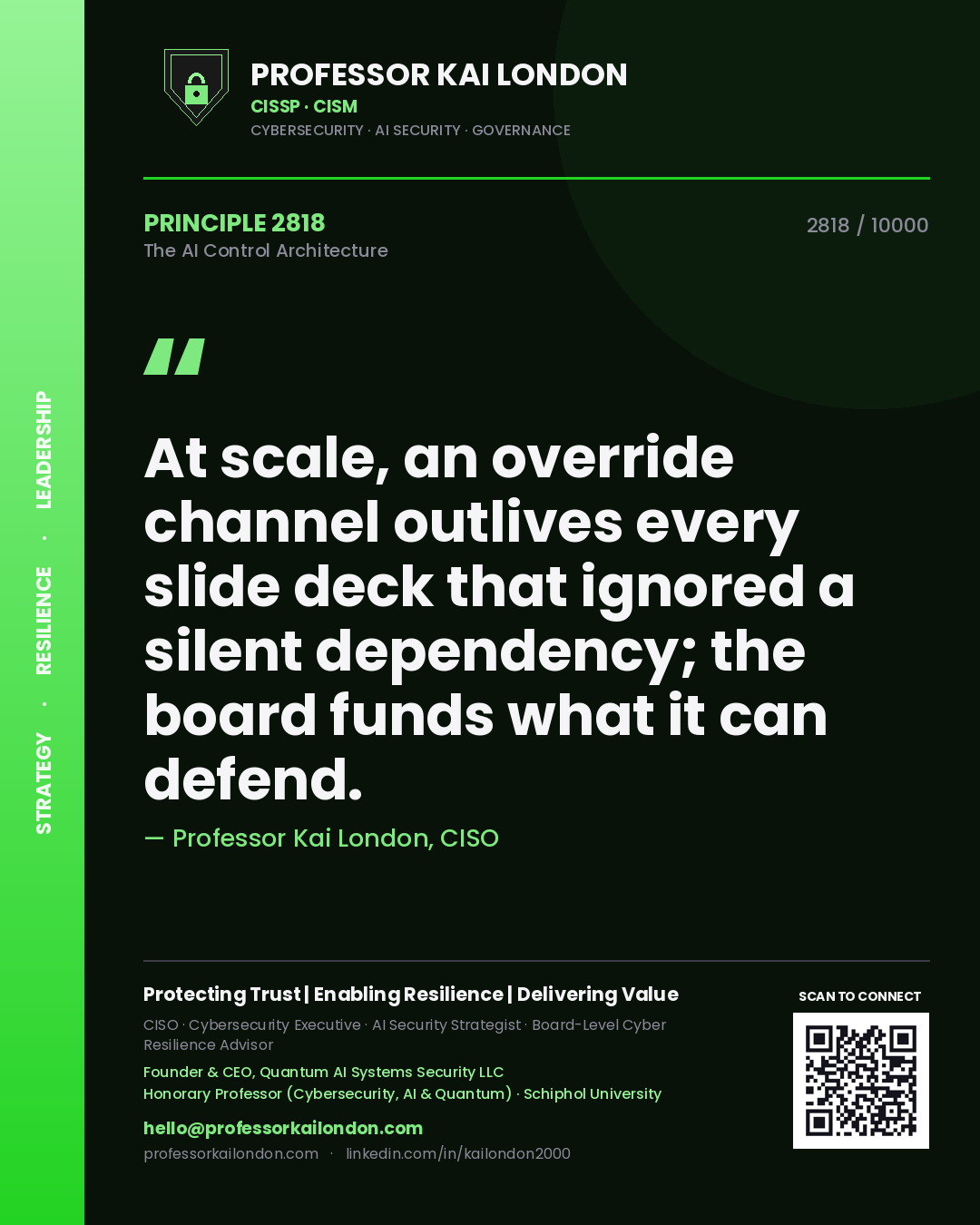 Quote card by Professor Kai London reading 'At scale, an override channel outlives every slide deck that ignored a silent dependency; the board funds what it can defend.'. From the book The AI Control Architecture.