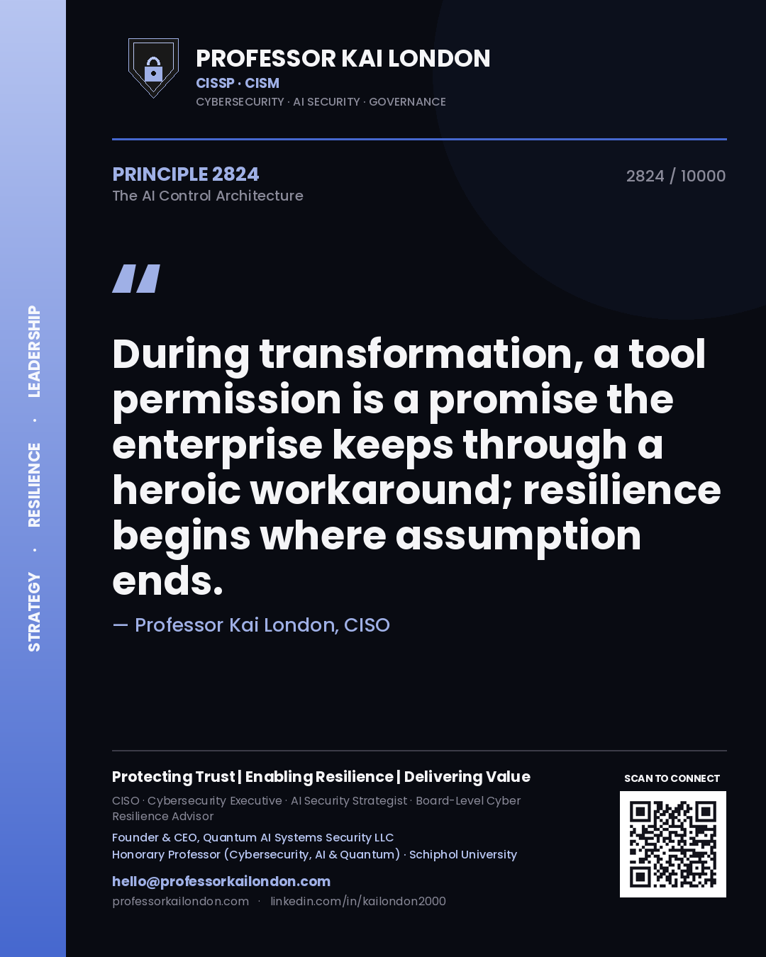 Quote card by Professor Kai London reading 'During transformation, a tool permission is a promise the enterprise keeps through a heroic workaround; resilience begins where assumption ends.'. From the book The AI Control Architecture.