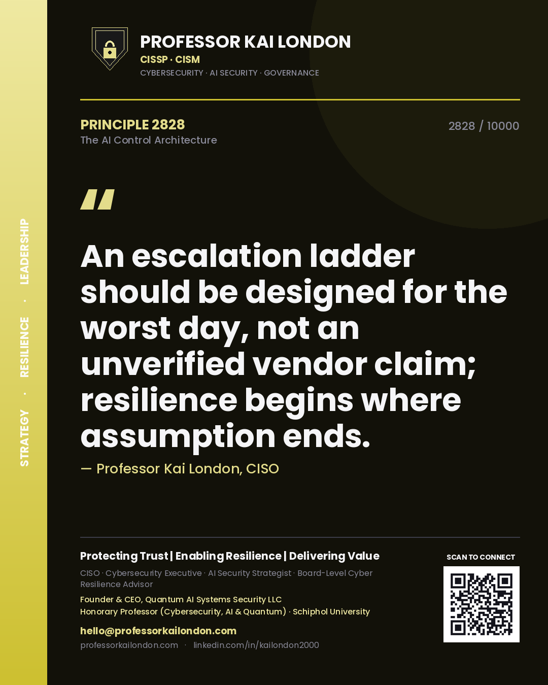 Professor Kai London principle 2828: An escalation ladder should be designed for the worst day, not an unverified vendor claim; resilience begins where assumption ends.