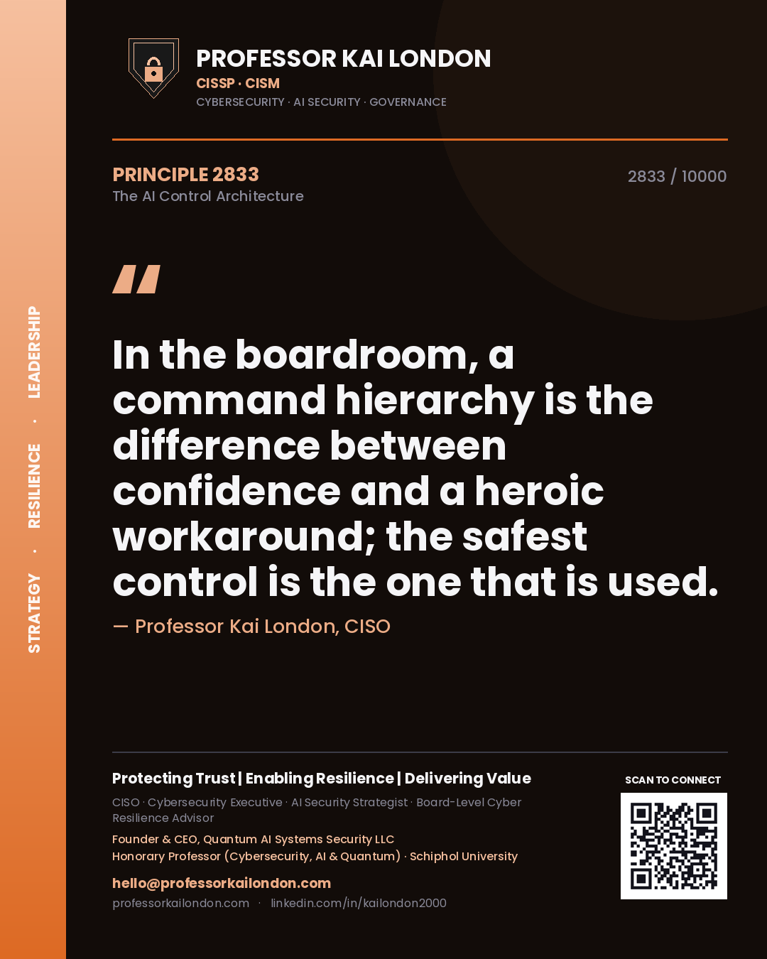 Quote card by Professor Kai London reading 'In the boardroom, a command hierarchy is the difference between confidence and a heroic workaround; the safest control is the one that is used.'. From the book The AI Control Architecture.