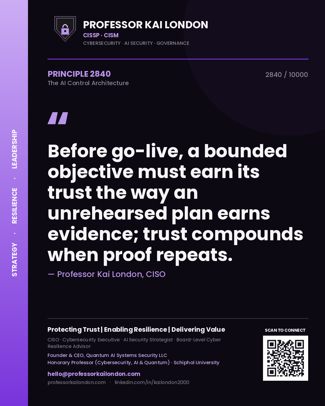Professor Kai London principle 2840: Before go-live, a bounded objective must earn its trust the way an unrehearsed plan earns evidence; trust compounds when proof repeats.