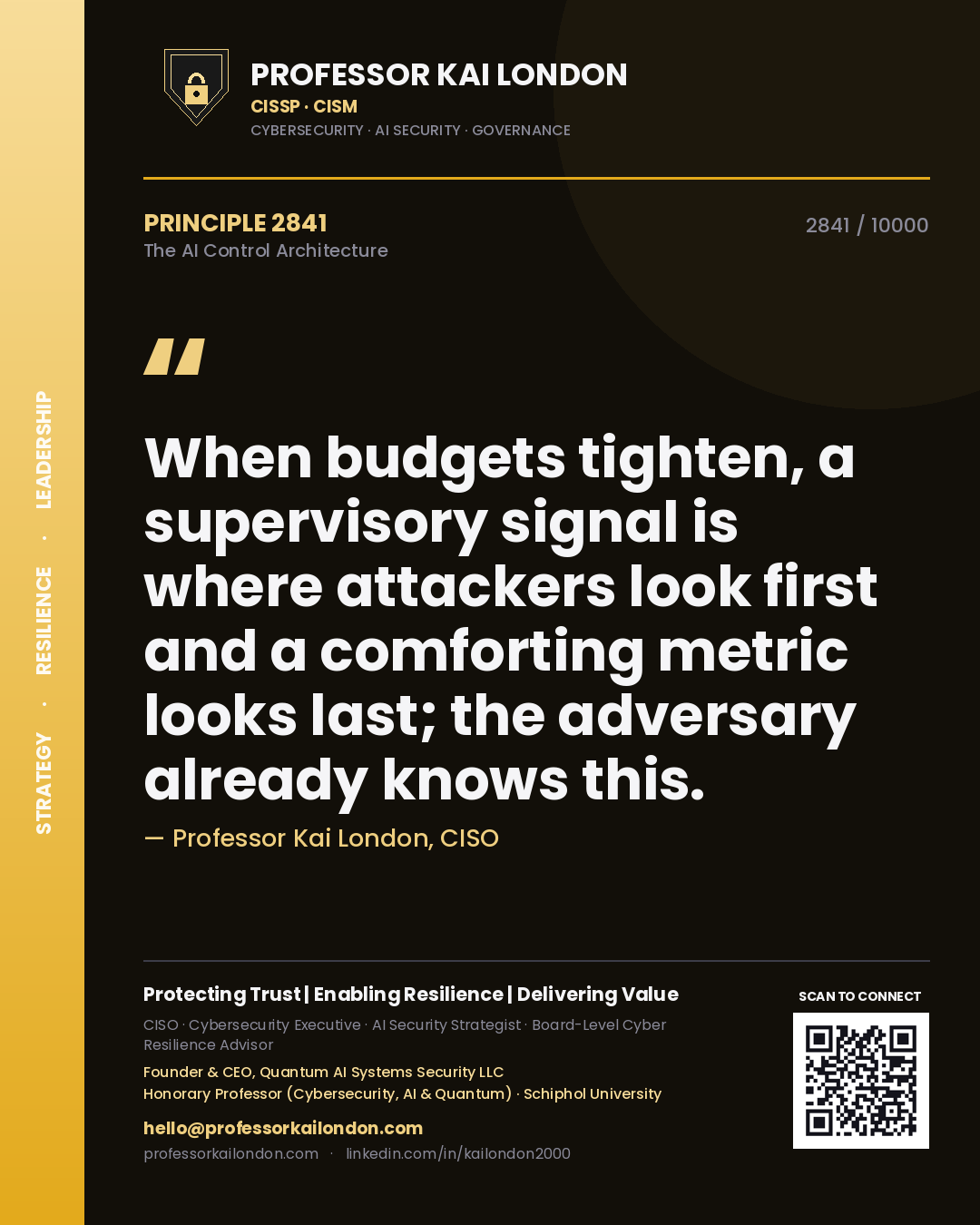 Quote card by Professor Kai London reading 'When budgets tighten, a supervisory signal is where attackers look first and a comforting metric looks last; the adversary already knows this.'. From the book The AI Control Architecture.
