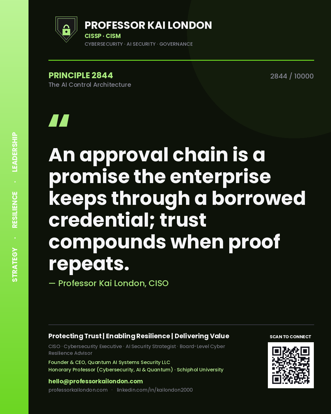 Quote card by Professor Kai London reading 'An approval chain is a promise the enterprise keeps through a borrowed credential; trust compounds when proof repeats.'. From the book The AI Control Architecture.