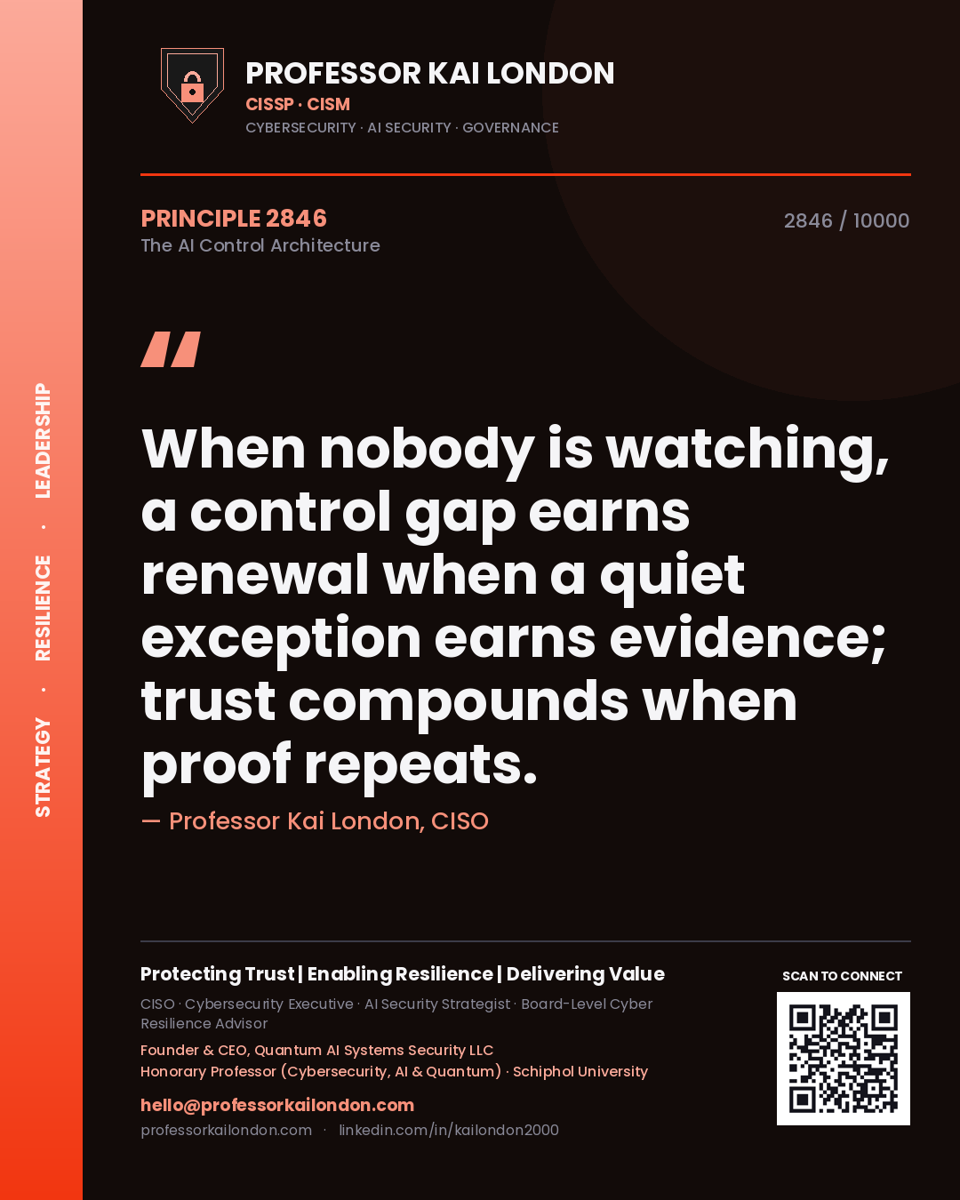 Quote card by Professor Kai London reading 'When nobody is watching, a control gap earns renewal when a quiet exception earns evidence; trust compounds when proof repeats.'. From the book The AI Control Architecture.