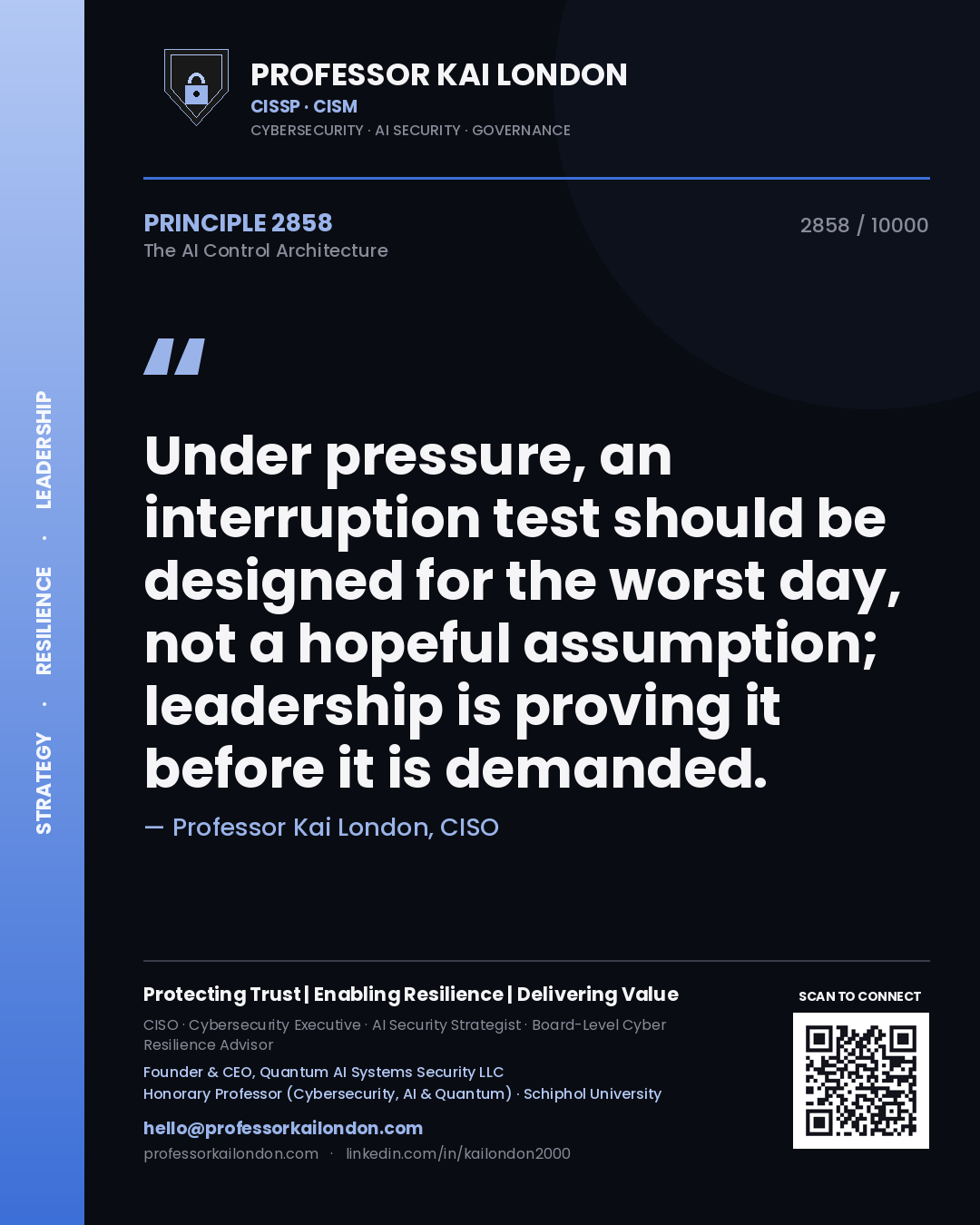 Professor Kai London principle 2858: Under pressure, an interruption test should be designed for the worst day, not a hopeful assumption; leadership is proving it before it is demanded.
