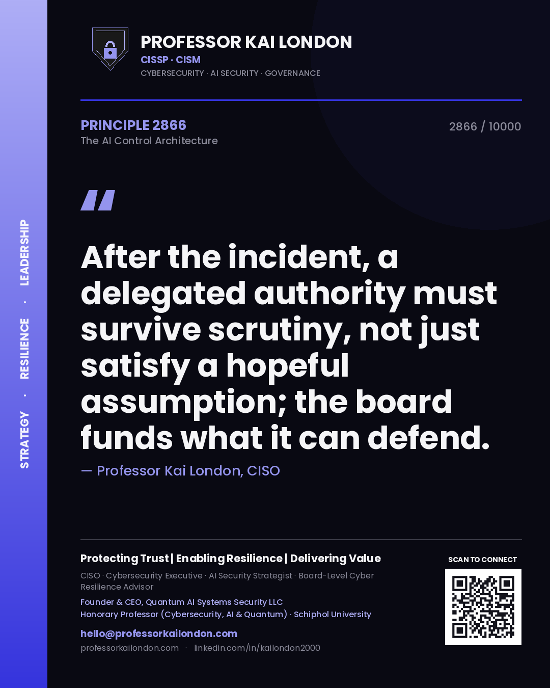 Quote card by Professor Kai London reading 'After the incident, a delegated authority must survive scrutiny, not just satisfy a hopeful assumption; the board funds what it can defend.'. From the book The AI Control Architecture.