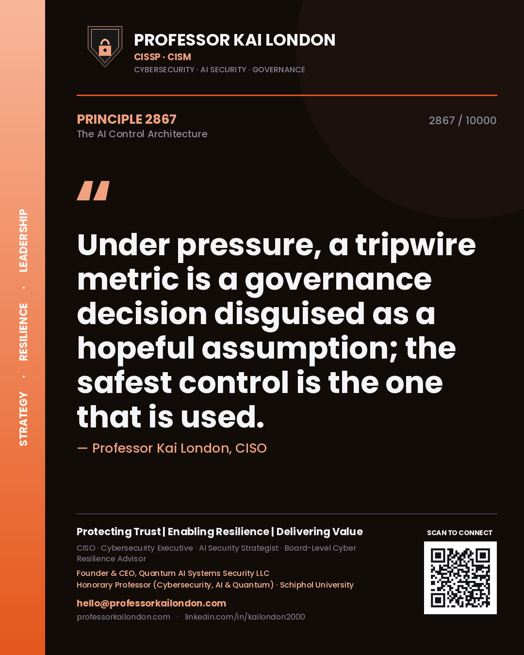 Quote card by Professor Kai London reading 'Under pressure, a tripwire metric is a governance decision disguised as a hopeful assumption; the safest control is the one that is used.'. From the book The AI Control Architecture.