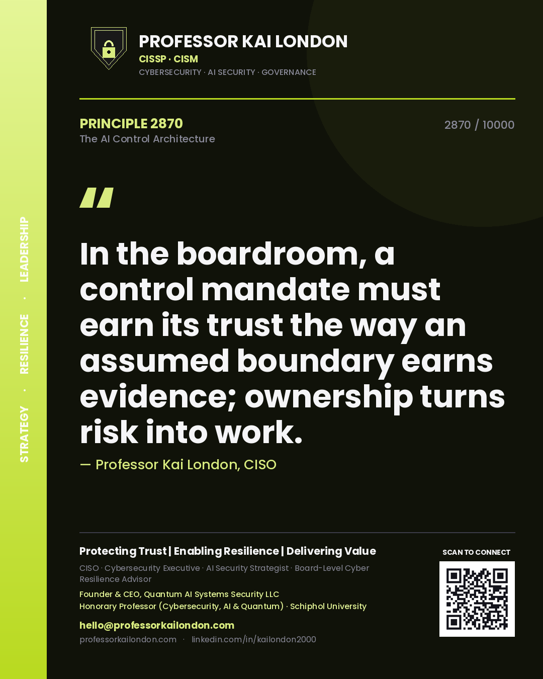Quote card by Professor Kai London reading 'In the boardroom, a control mandate must earn its trust the way an assumed boundary earns evidence; ownership turns risk into work.'. From the book The AI Control Architecture.