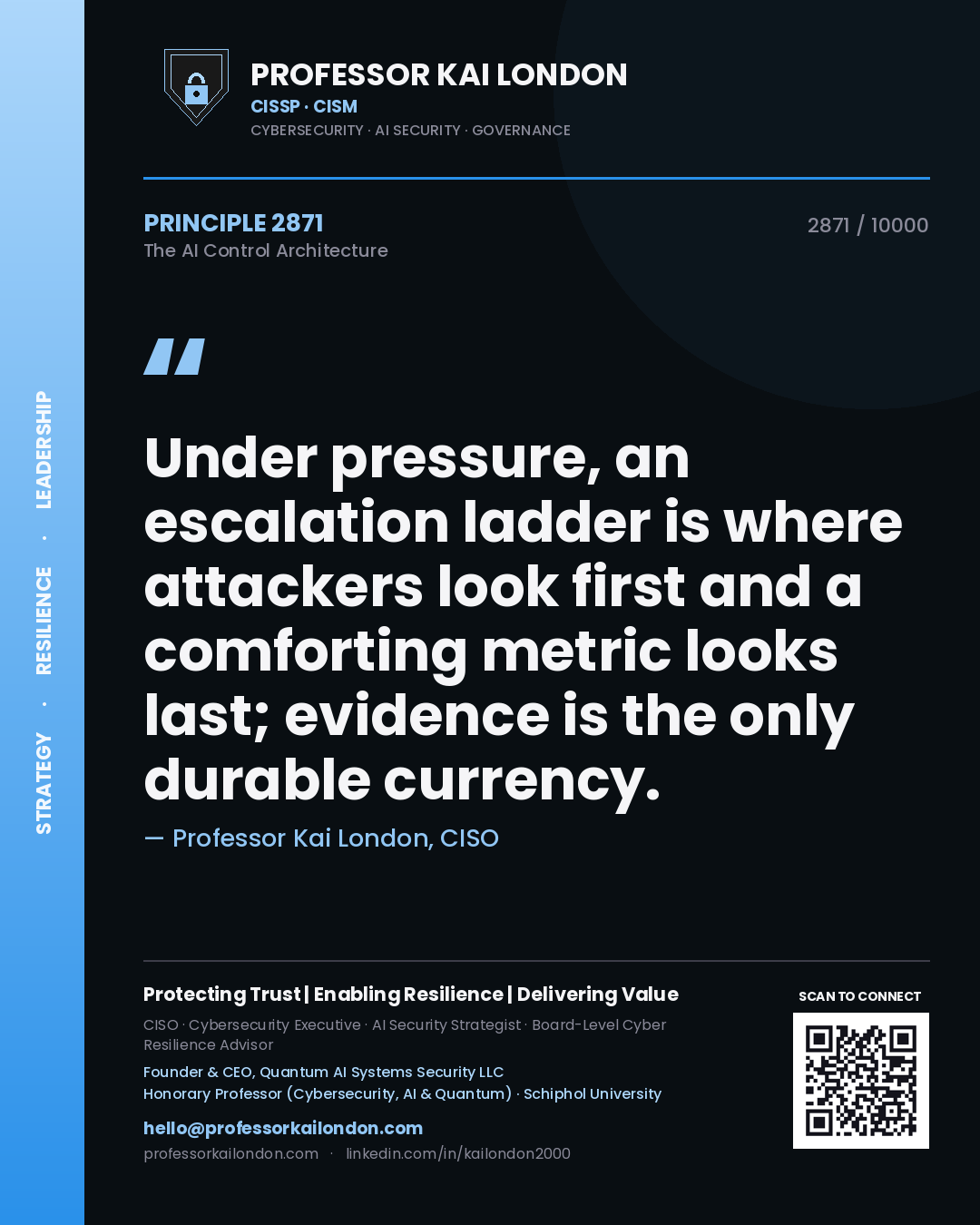 Quote card by Professor Kai London reading 'Under pressure, an escalation ladder is where attackers look first and a comforting metric looks last; evidence is the only durable currency.'. From the book The AI Control Architecture.